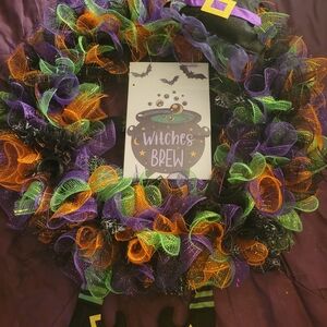 Halloween Witch-Themed Wreath with Purple, Green, and Orange Accents